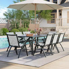 Mesa de comedor grande y larga para exteriores de 70.9 pulgadas para 6-8 personas, mesa de patio de aluminio a prueba de agua con parte superior de listones y orificio para sombrilla para patio trasero/jardín/césped