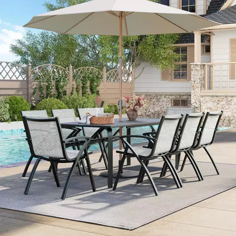 Mesa de comedor grande y larga para exteriores de 70.9 pulgadas para 6-8 personas, mesa de patio de aluminio a prueba de agua con parte superior de listones y orificio para sombrilla para patio trasero/jardín/césped