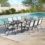 Mesa de comedor grande y larga para exteriores de 70.9 pulgadas para 6-8 personas, mesa de patio de aluminio a prueba de agua con parte superior de listones y orificio para sombrilla para patio trasero/jardín/césped