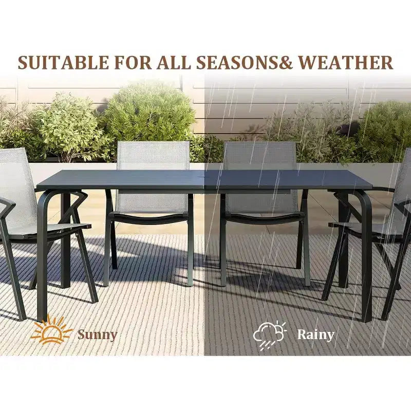 Mesa de comedor grande y larga para exteriores de 70.9 pulgadas para 6-8 personas, mesa de patio de aluminio a prueba de agua con parte superior de listones y orificio para sombrilla para patio trasero/jardín/césped