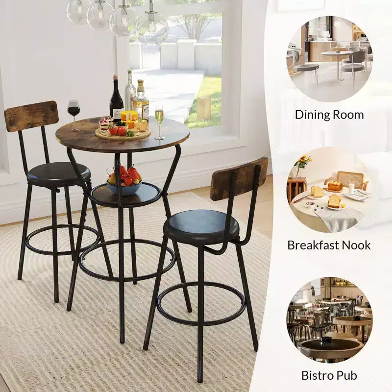 Mesa y sillas de bar redondas, mesa de comedor pequeña para 2 personas, con 2 taburetes tapizados, para cocina, comedor y bistró - Marrón rústico