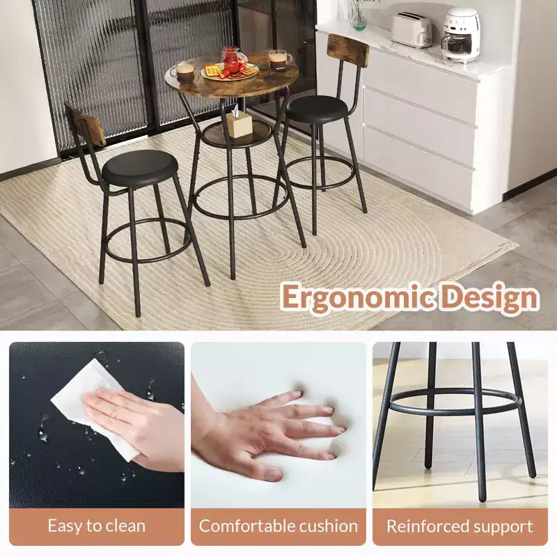 Mesa y sillas de bar redondas, mesa de comedor pequeña para 2 personas, con 2 taburetes tapizados, para cocina, comedor y bistró - Marrón rústico