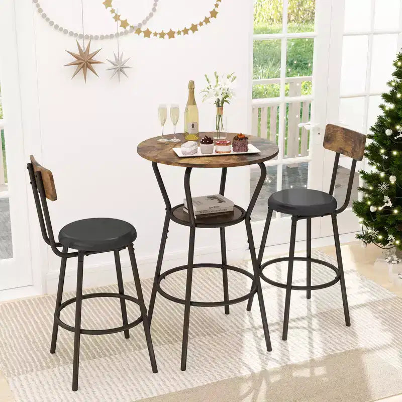 Mesa y sillas de bar redondas, mesa de comedor pequeña para 2 personas, con 2 taburetes tapizados, para cocina, comedor y bistró - Marrón rústico