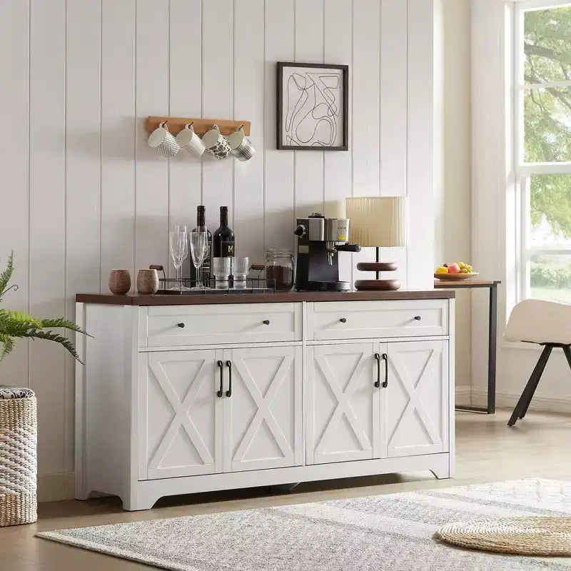 Aparador, Mueble Auxiliar con 2 Puertas Decoradas y 2 Cajones, Armario de Almacenamiento para Sala de Estar, Comedor, Cocina