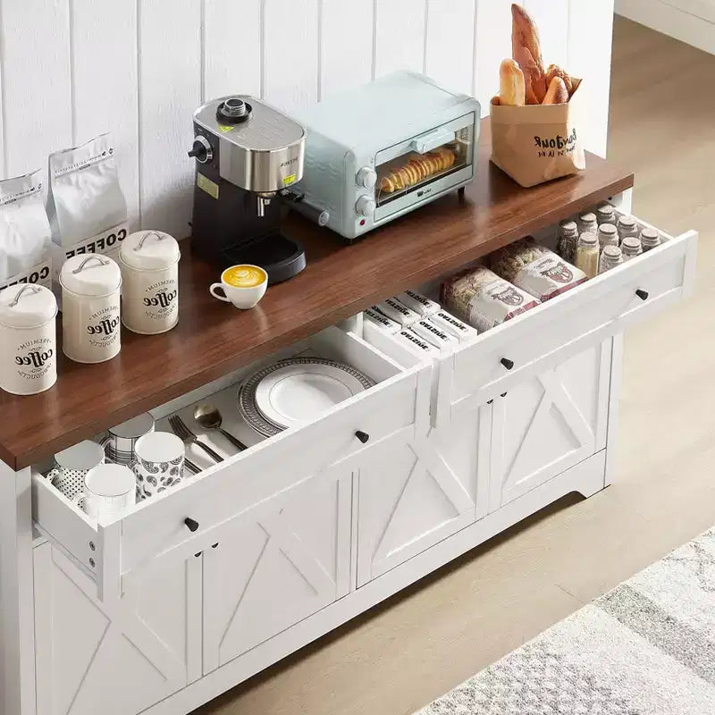 Aparador, Mueble Auxiliar con 2 Puertas Decoradas y 2 Cajones, Armario de Almacenamiento para Sala de Estar, Comedor, Cocina