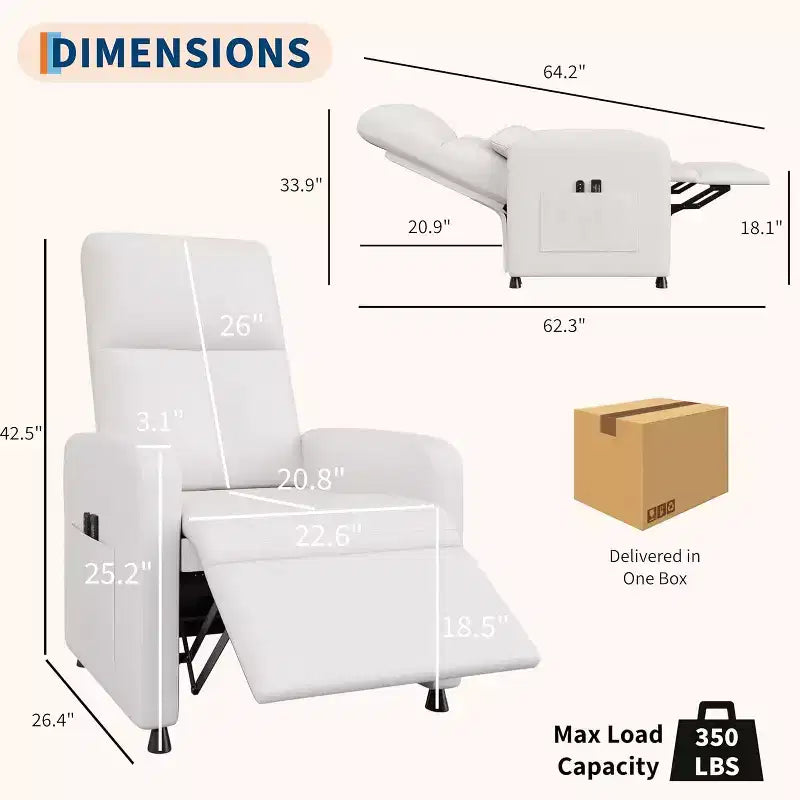 Sillón reclinable eléctrico ergonómico - Funciones de masaje y calor, reclinable eléctrico ajustable, sofá individual de cuero PU acolchado (uso en sala de estar)