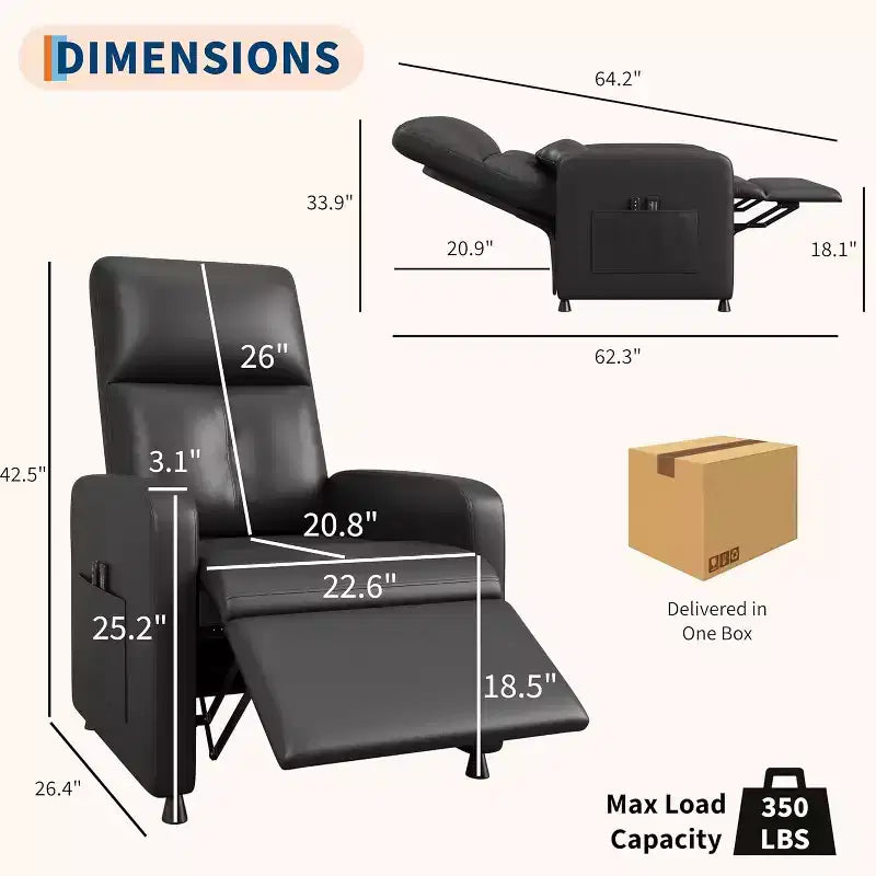 Sillón reclinable eléctrico ergonómico - Funciones de masaje y calor, reclinable eléctrico ajustable, sofá individual de cuero PU acolchado (uso en sala de estar)