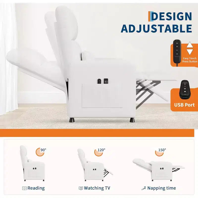 Sillón reclinable eléctrico ergonómico - Funciones de masaje y calor, reclinable eléctrico ajustable, sofá individual de cuero PU acolchado (uso en sala de estar)