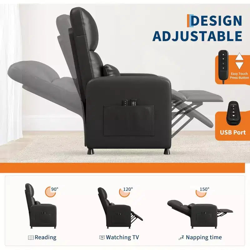 Sillón reclinable eléctrico ergonómico - Funciones de masaje y calor, reclinable eléctrico ajustable, sofá individual de cuero PU acolchado (uso en sala de estar)