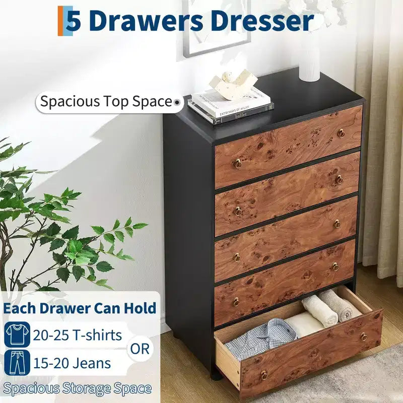 Cómoda de 5 cajones para dormitorio, cómoda de madera de 46 pulgadas de alto con tiradores de metal, mueble de TV resistente para sala de estar, organizador de almacenamiento para armario