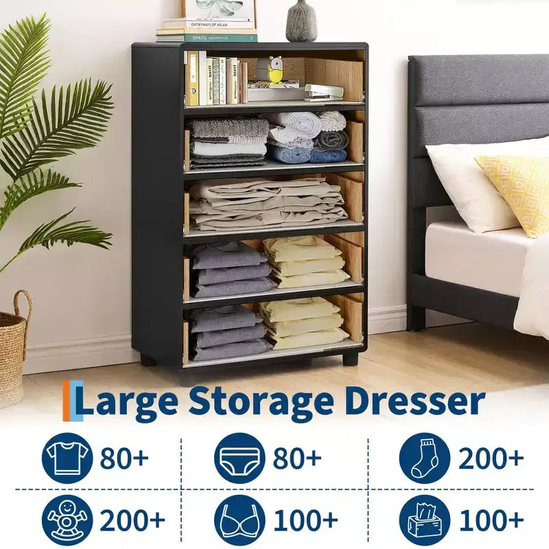 Cómoda de 5 cajones para dormitorio, cómoda de madera de 46 pulgadas de alto con tiradores de metal, mueble de TV resistente para sala de estar, organizador de almacenamiento para armario