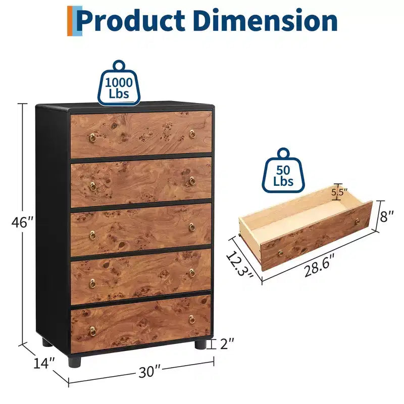 Cómoda de 5 cajones para dormitorio, cómoda de madera de 46 pulgadas de alto con tiradores de metal, mueble de TV resistente para sala de estar, organizador de almacenamiento para armario