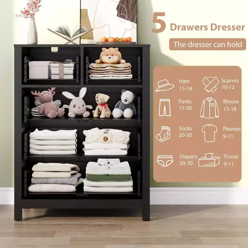 Cómoda de 5 cajones, organizador de cómoda moderno y alto con cajones de almacenamiento para dormitorio, recibidor u oficina en casa