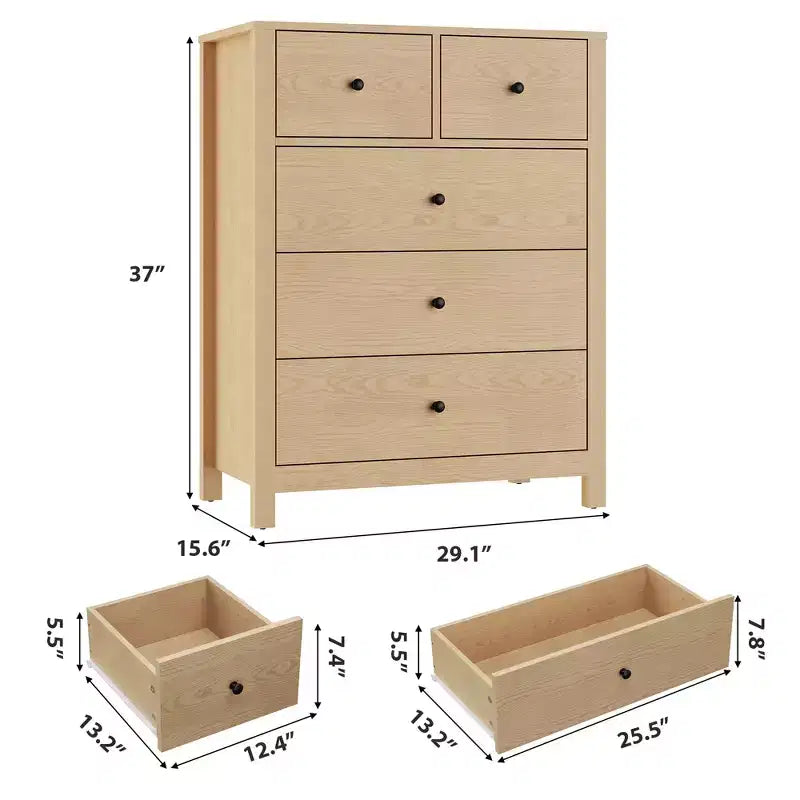 Cómoda de 5 cajones, organizador de cómoda moderno y alto con cajones de almacenamiento para dormitorio, recibidor u oficina en casa