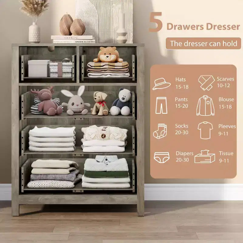 Cómoda de 5 cajones, organizador de cómoda moderno y alto con cajones de almacenamiento para dormitorio, recibidor u oficina en casa