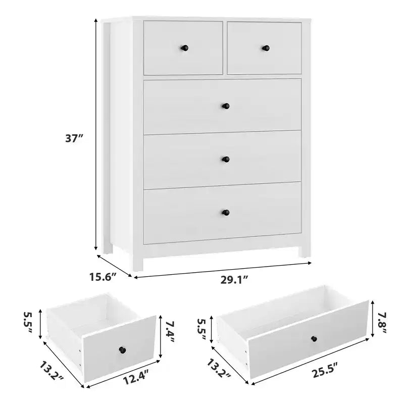 Cómoda de 5 cajones, organizador de cómoda moderno y alto con cajones de almacenamiento para dormitorio, recibidor u oficina en casa