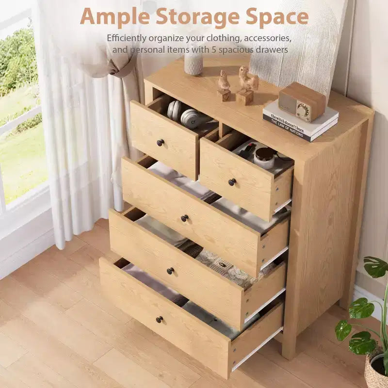 Cómoda de 5 cajones, organizador de cómoda moderno y alto con cajones de almacenamiento para dormitorio, recibidor u oficina en casa