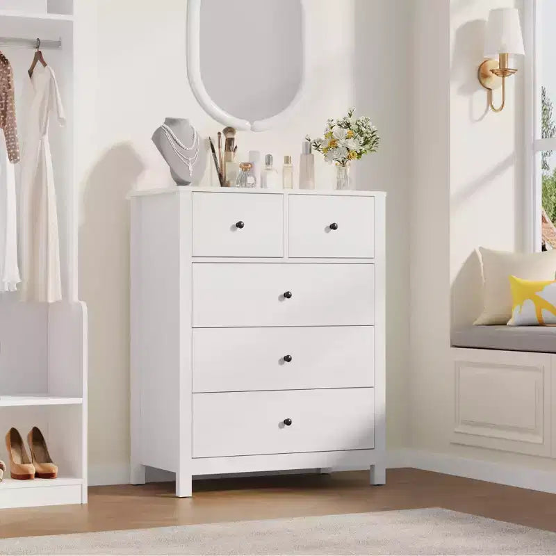 Cómoda de 5 cajones, organizador de cómoda moderno y alto con cajones de almacenamiento para dormitorio, recibidor u oficina en casa