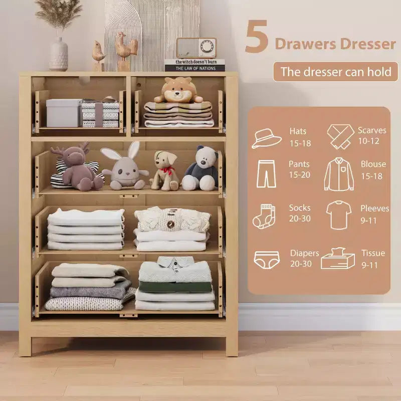 Cómoda de 5 cajones, organizador de cómoda moderno y alto con cajones de almacenamiento para dormitorio, recibidor u oficina en casa