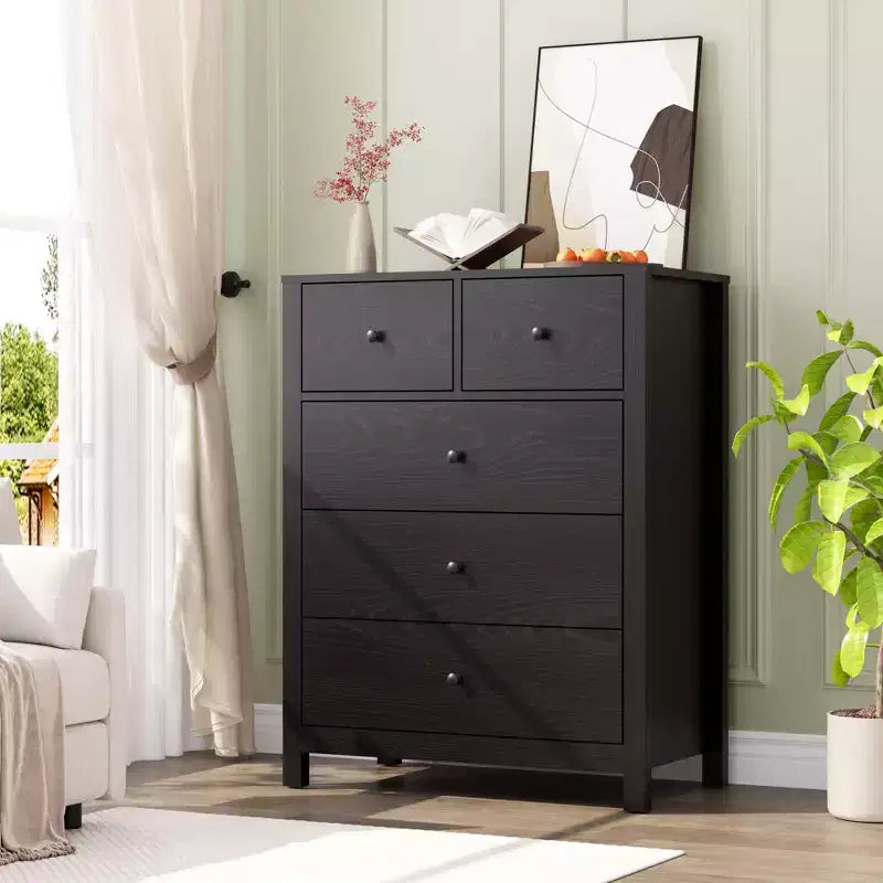 Cómoda de 5 cajones, organizador de cómoda moderno y alto con cajones de almacenamiento para dormitorio, recibidor u oficina en casa