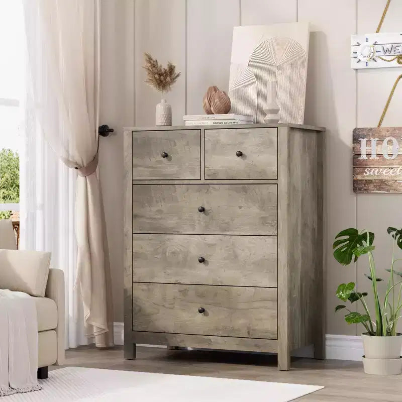 Cómoda de 5 cajones, organizador de cómoda moderno y alto con cajones de almacenamiento para dormitorio, recibidor u oficina en casa