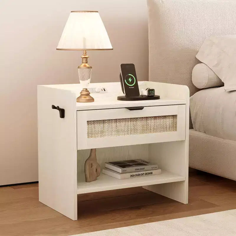 Rattan Nightstand, Bedside Table with Type-C Charging Station, Storage Drawer & Open Storage Space, Boho Side Table for Bedroom Living Room Office