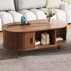 JVNOXKMedieval-Style Wooden Oval Grooved Coffee Table with Charging Station, Featuring Sliding Roller Shutters Solid Wood Legs, Walnut