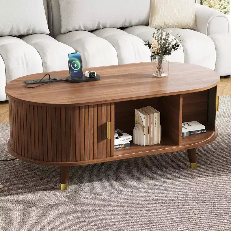 JVNOXKMedieval-Style Wooden Oval Grooved Coffee Table with Charging Station, Featuring Sliding Roller Shutters Solid Wood Legs, Walnut