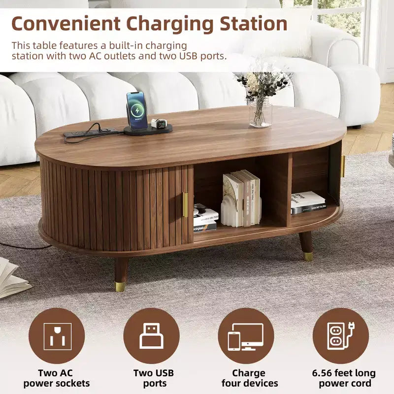 Mesa de centro ovalada de madera estilo medieval con ranuras y estación de carga, con persianas deslizantes, patas de madera maciza, nogal