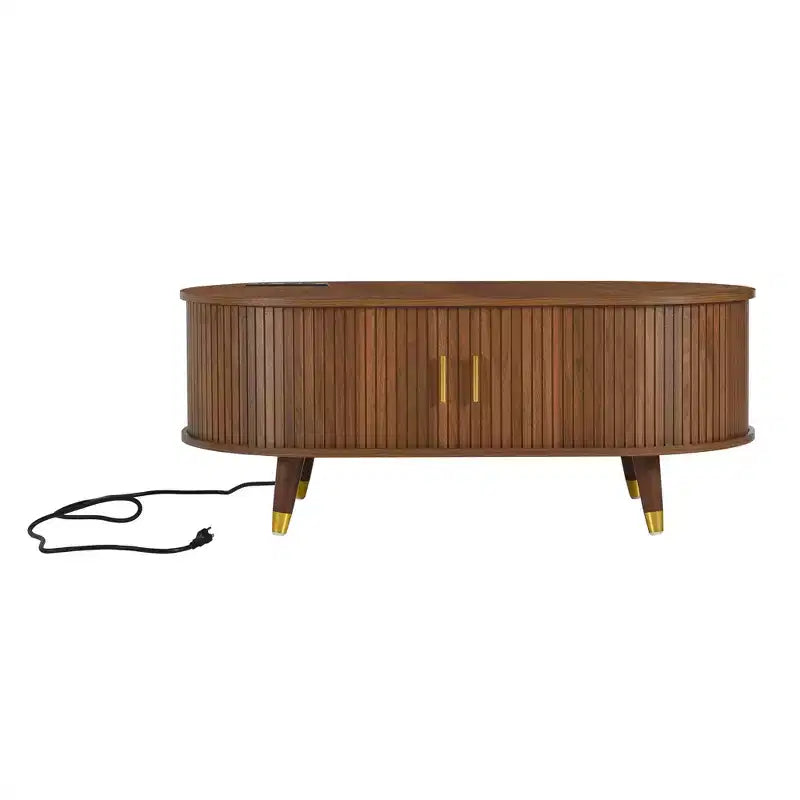 Mesa de centro ovalada de madera estilo medieval con ranuras y estación de carga, con persianas deslizantes, patas de madera maciza, nogal