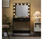 Tocador con espejo, mesa de maquillaje con brillo ajustable y 3 modos de iluminación, cajón, compacto para espacios pequeños, hogar, sala de estar