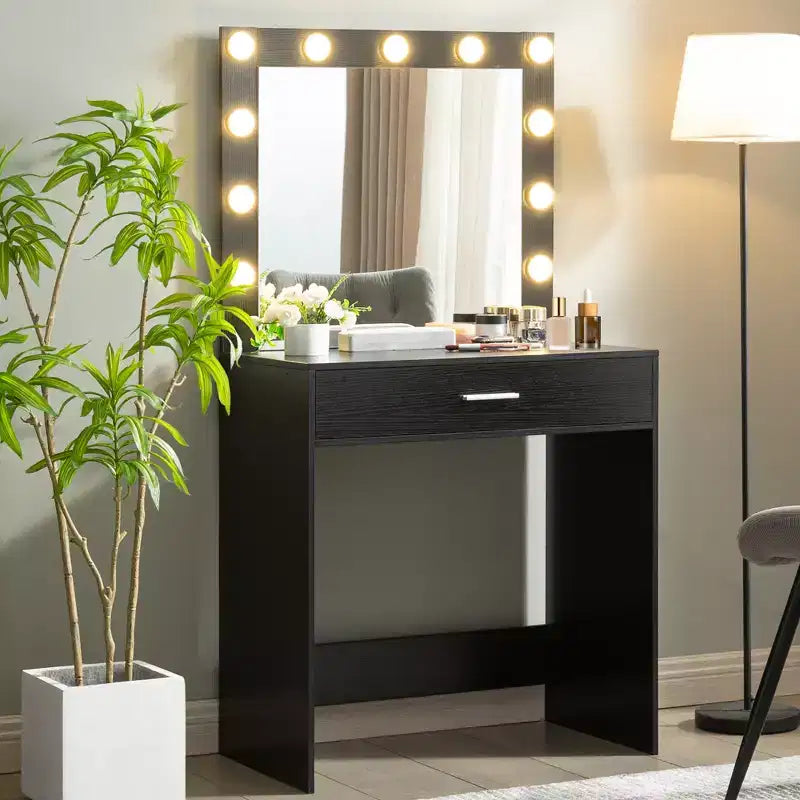Tocador con espejo, mesa de maquillaje con brillo ajustable y 3 modos de iluminación, cajón, compacto para espacios pequeños, hogar, sala de estar