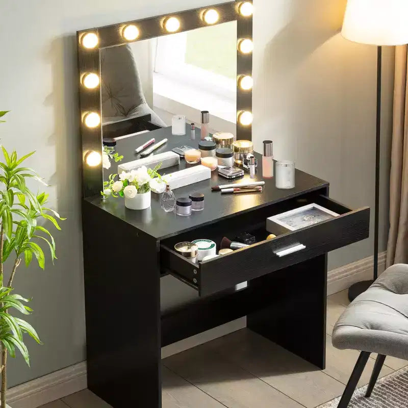Tocador con espejo, mesa de maquillaje con brillo ajustable y 3 modos de iluminación, cajón, compacto para espacios pequeños, hogar, sala de estar