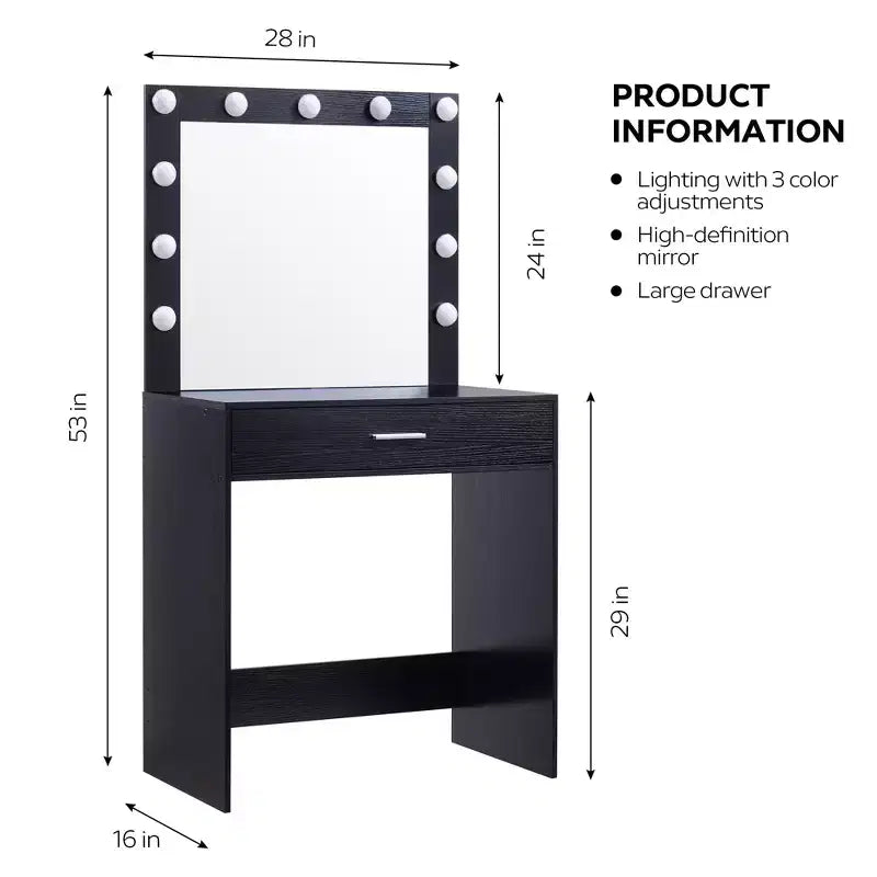 Tocador con espejo, mesa de maquillaje con brillo ajustable y 3 modos de iluminación, cajón, compacto para espacios pequeños, hogar, sala de estar