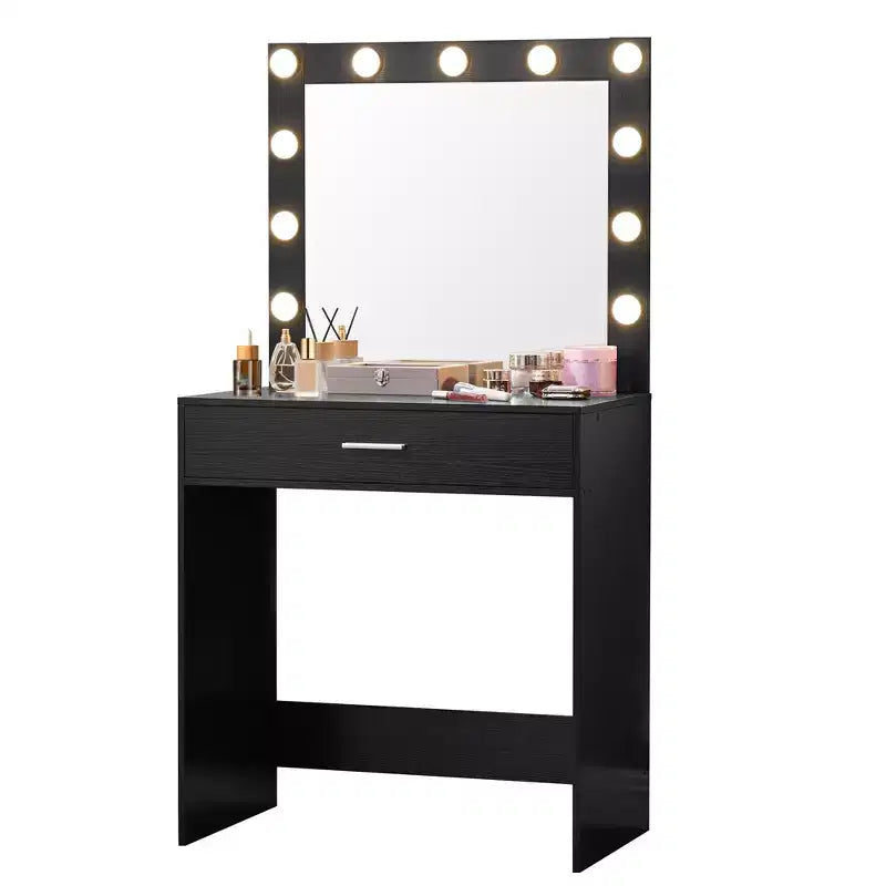 Tocador con espejo, mesa de maquillaje con brillo ajustable y 3 modos de iluminación, cajón, compacto para espacios pequeños, hogar, sala de estar
