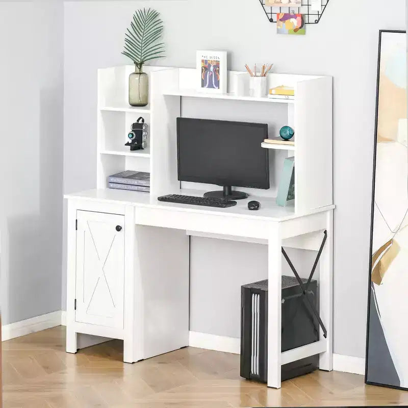 Escritorio de computadora con estante superior, escritorio de oficina en casa con gabinete de almacenamiento