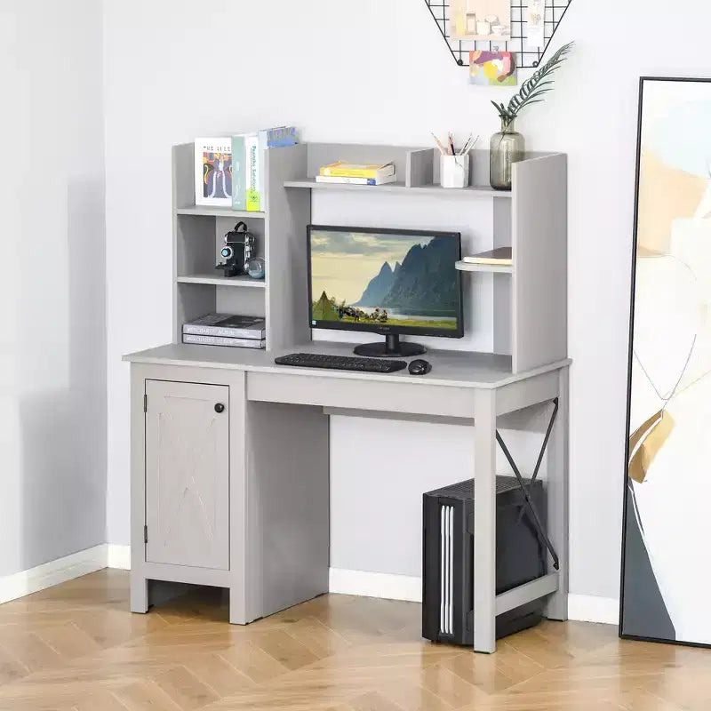 Escritorio de computadora con estante superior, escritorio de oficina en casa con gabinete de almacenamiento