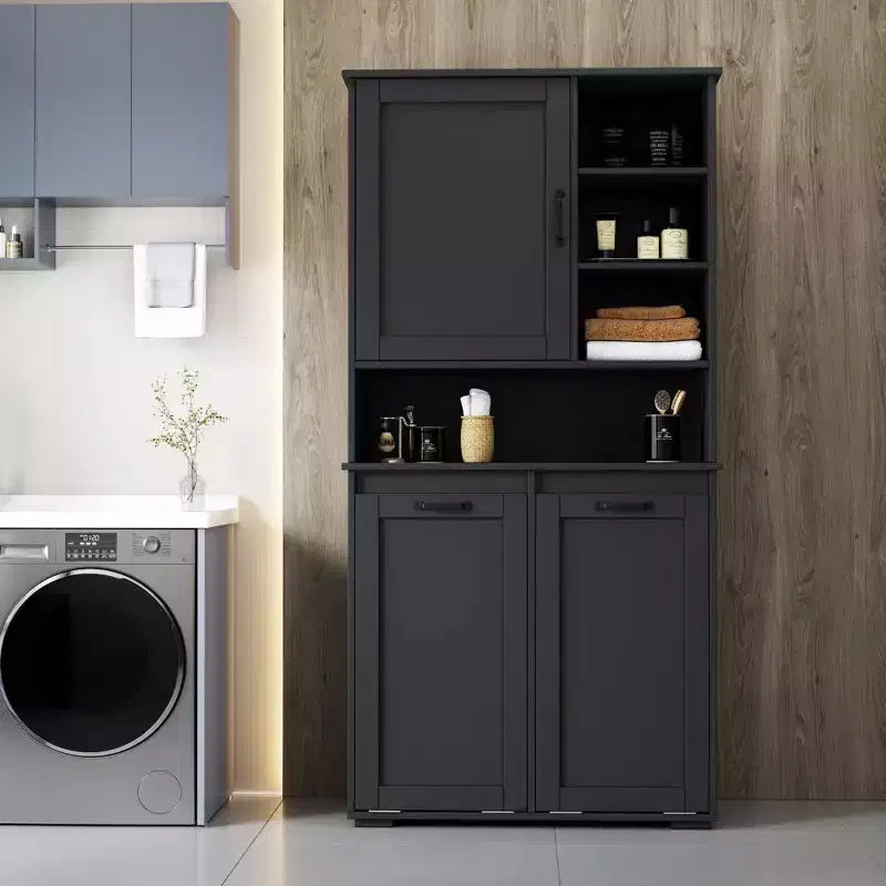 Armario de lavandería independiente de 63" negro - Tablero de partículas + MDF, cesto inclinable, estantes ajustables y almacenamiento múltiple