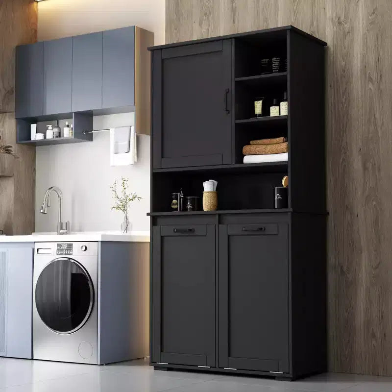 Armario de lavandería independiente de 63" negro - Tablero de partículas + MDF, cesto inclinable, estantes ajustables y almacenamiento múltiple