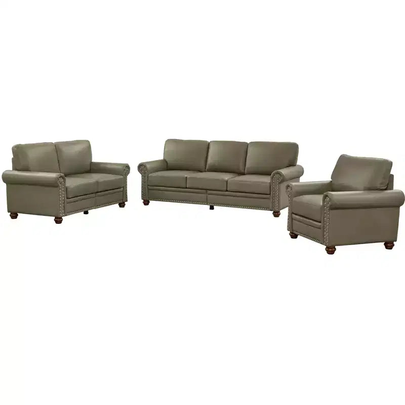 Sofá Seccional de Piel Sintética con Almacenamiento, Tachuelas Plateadas para Sala de Estar, Color Gris Topo