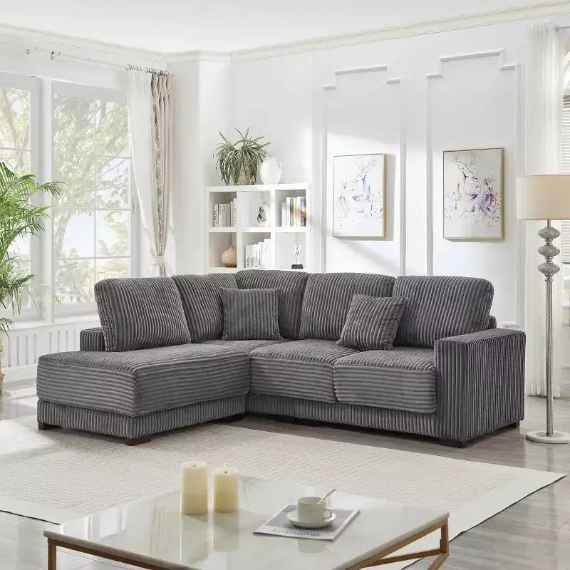 Sofá seccional en forma de L de 236 cm con chaise longue reversible, sofá tapizado en pana suave para sala de estar, color gris