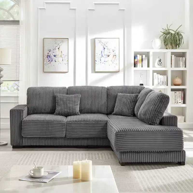 Sofá seccional en forma de L de 236 cm con chaise longue reversible, sofá tapizado en pana suave para sala de estar, color gris