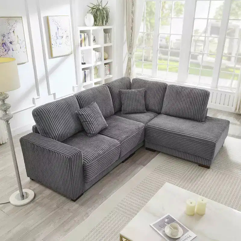 Sofá seccional en forma de L de 236 cm con chaise longue reversible, sofá tapizado en pana suave para sala de estar, color gris