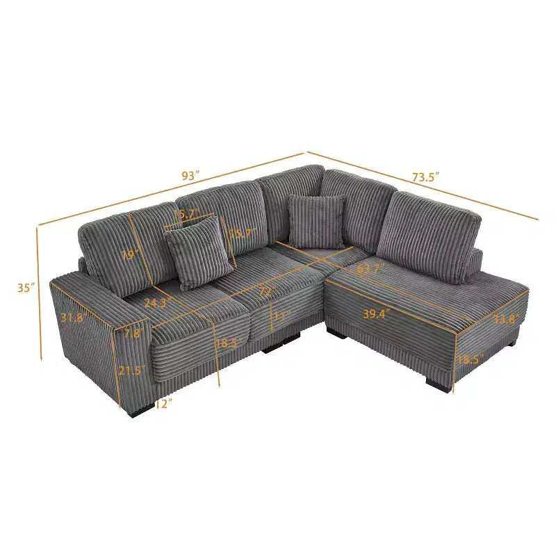 Sofá seccional en forma de L de 236 cm con chaise longue reversible, sofá tapizado en pana suave para sala de estar, color gris