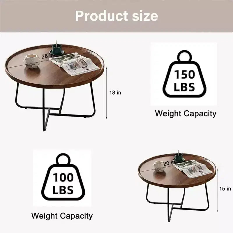 Mesa de centro moderna, mesa auxiliar redonda pequeña con base de hierro geométrica y tapa de MDF de nogal, mesa auxiliar compacta para sala de estar, oficina, dormitorio