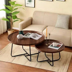 Mesa de centro moderna, mesa auxiliar redonda pequeña con base de hierro geométrica y tapa de MDF de nogal, mesa auxiliar compacta para sala de estar, oficina, dormitorio