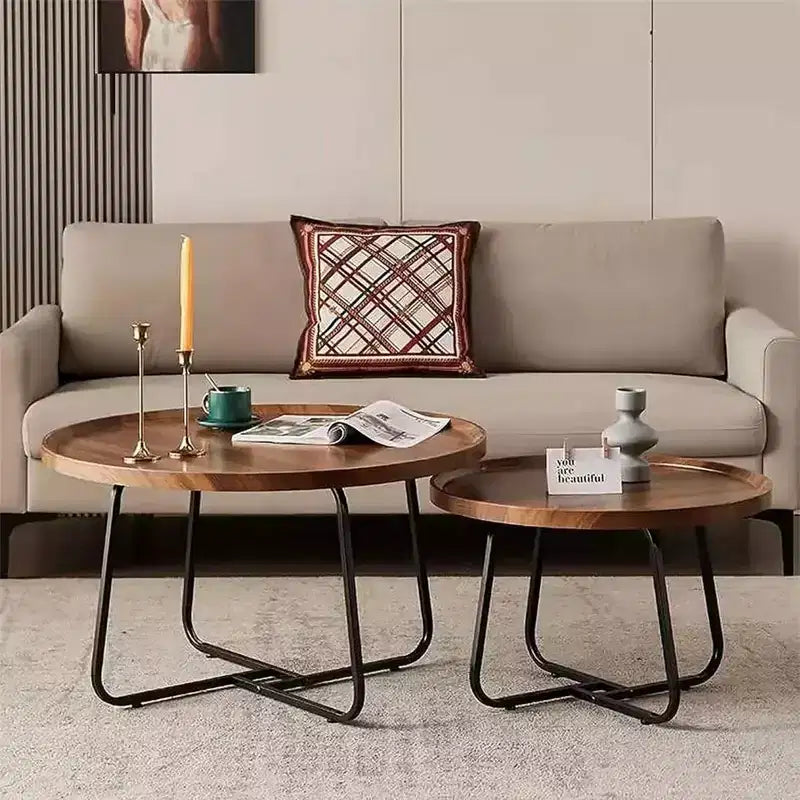 Mesa de centro moderna, mesa auxiliar redonda pequeña con base de hierro geométrica y tapa de MDF de nogal, mesa auxiliar compacta para sala de estar, oficina, dormitorio