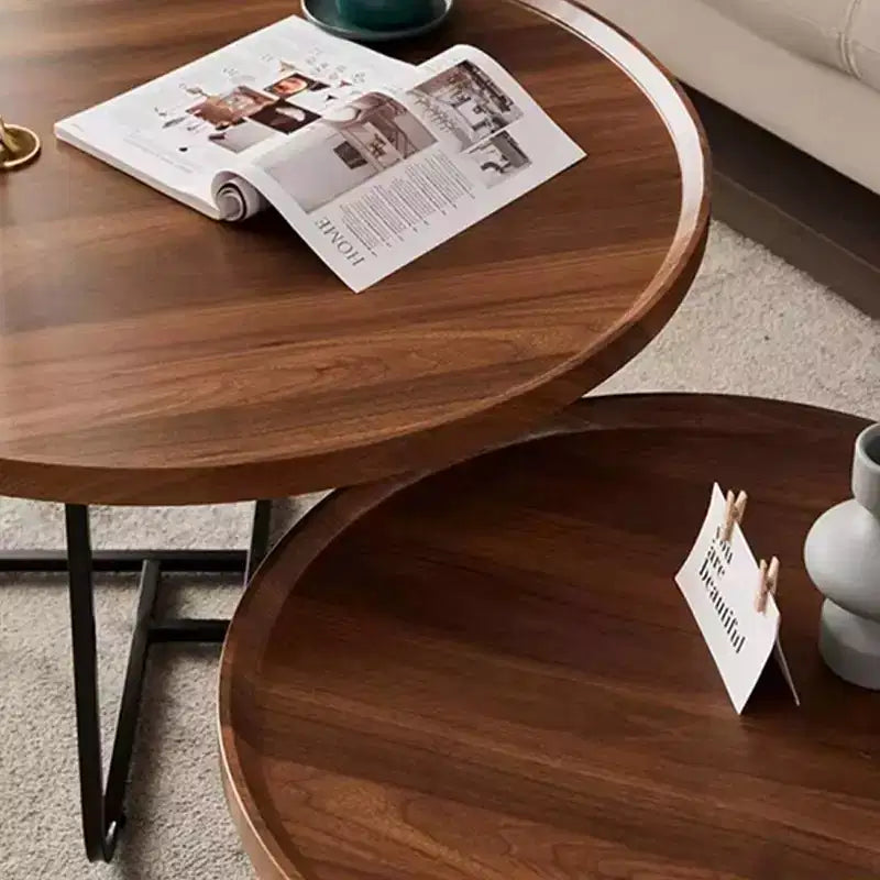 Mesa de centro moderna, mesa auxiliar redonda pequeña con base de hierro geométrica y tapa de MDF de nogal, mesa auxiliar compacta para sala de estar, oficina, dormitorio