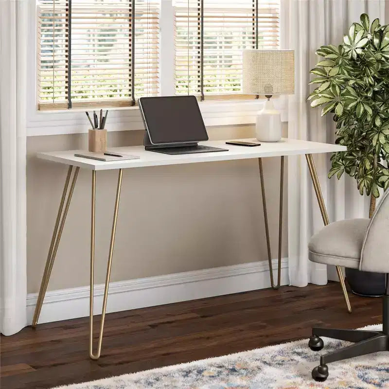 Escritorio, mesa de estudio moderna con tablero duradero de madera de ingeniería, patas metálicas tipo horquilla, estación de trabajo compacta para espacios pequeños