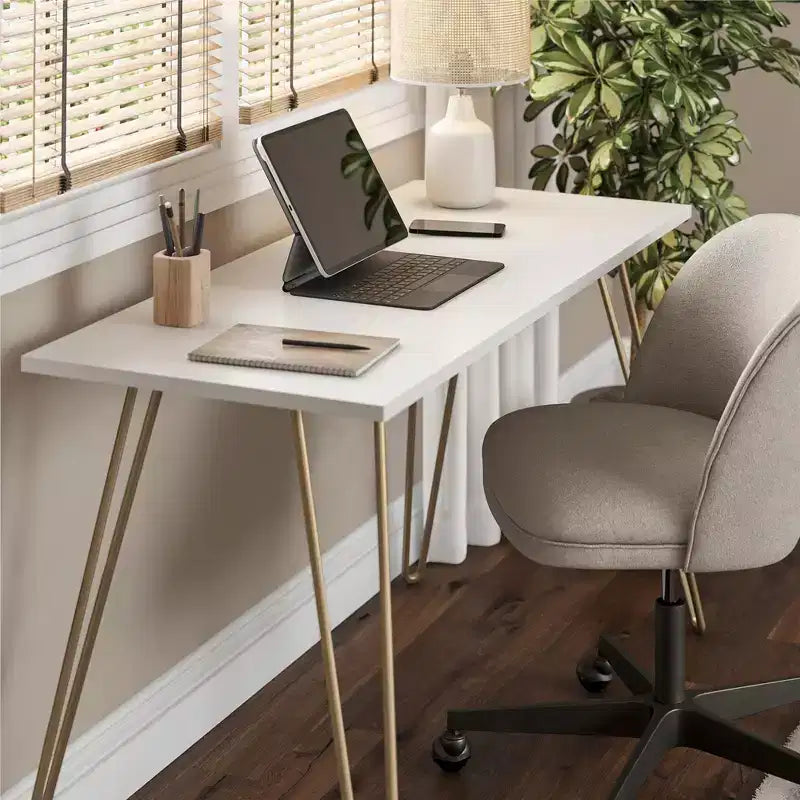 Escritorio, mesa de estudio moderna con tablero duradero de madera de ingeniería, patas metálicas tipo horquilla, estación de trabajo compacta para espacios pequeños